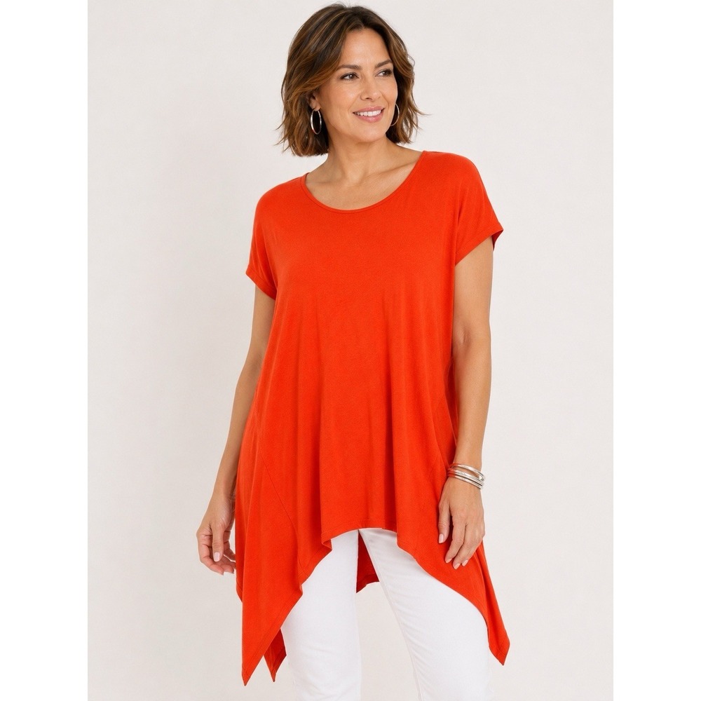 Chico's Orange Asymmetrical Tunic Top Size 2 XL Boho Resort Stretch Blouse
